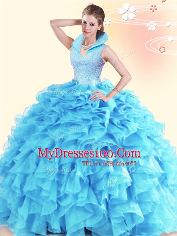 New Style Backless Aqua Blue Sleeveless Beading and Ruffles Floor Length Sweet 16 Quinceanera Dress