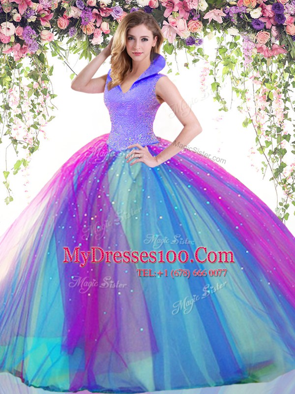 Best Multi-color Backless 15 Quinceanera Dress Beading Sleeveless Floor Length