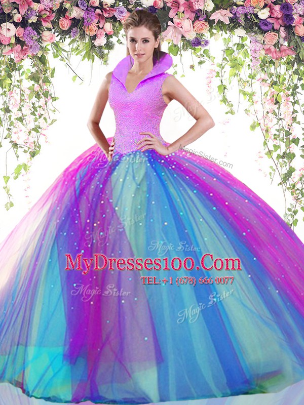 Noble High-neck Sleeveless Tulle Quinceanera Gown Beading Backless