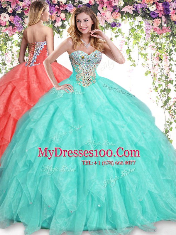 Fantastic Sweetheart Sleeveless Quinceanera Gowns Floor Length Beading and Ruffles Apple Green Organza