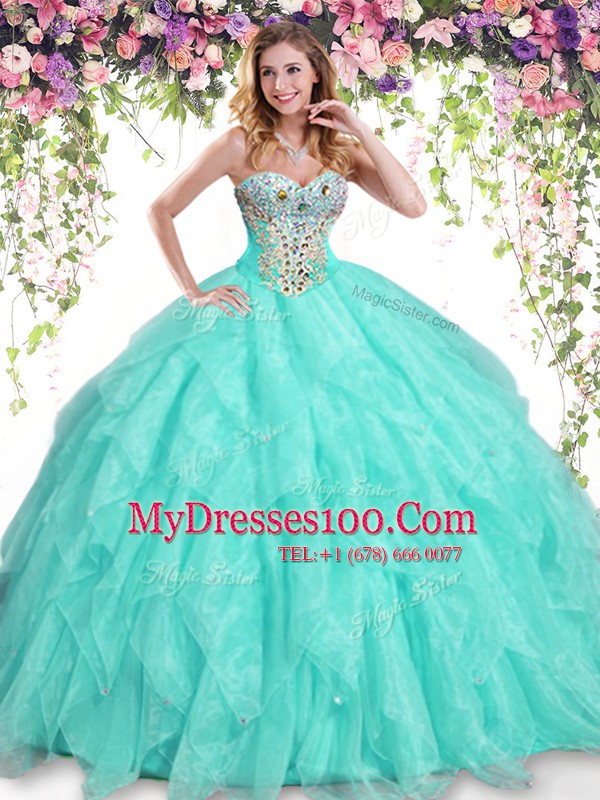 Fantastic Sweetheart Sleeveless Quinceanera Gowns Floor Length Beading and Ruffles Apple Green Organza