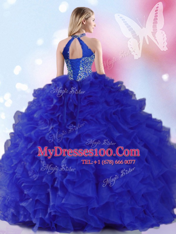 Halter Top Royal Blue Sleeveless Organza Lace Up Quinceanera Gown for Military Ball and Sweet 16 and Quinceanera