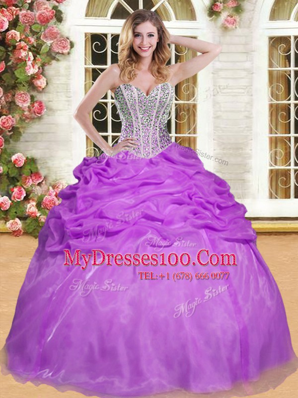 Hot Sale Sweetheart Sleeveless Organza Sweet 16 Dresses Beading and Pick Ups Lace Up