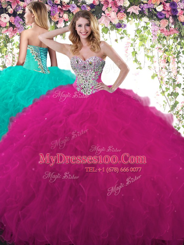 Gorgeous Floor Length Fuchsia 15 Quinceanera Dress Sweetheart Sleeveless Lace Up