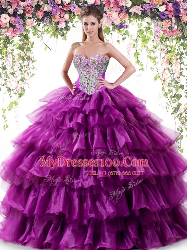 Purple Ball Gowns Sweetheart Sleeveless Organza Floor Length Lace Up Beading and Ruffled Layers Quinceanera Gowns