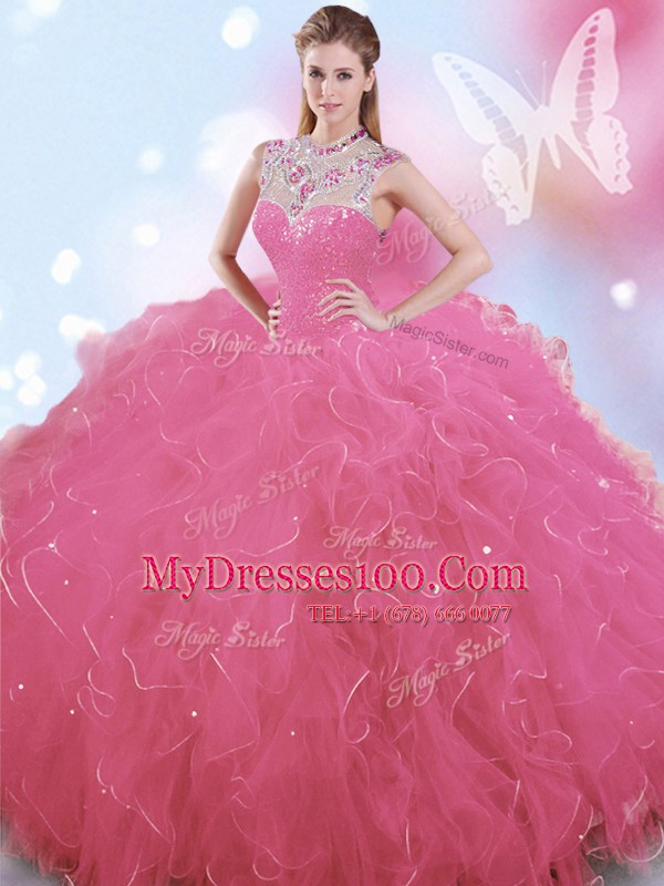 Floor Length Rose Pink Quinceanera Gowns High-neck Sleeveless Zipper