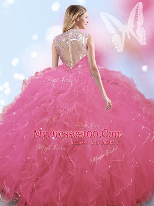 Floor Length Rose Pink Quinceanera Gowns High-neck Sleeveless Zipper