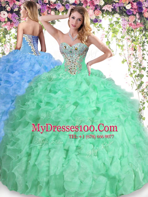 Graceful Apple Green Lace Up Quinceanera Dresses Beading and Ruffles Sleeveless Floor Length