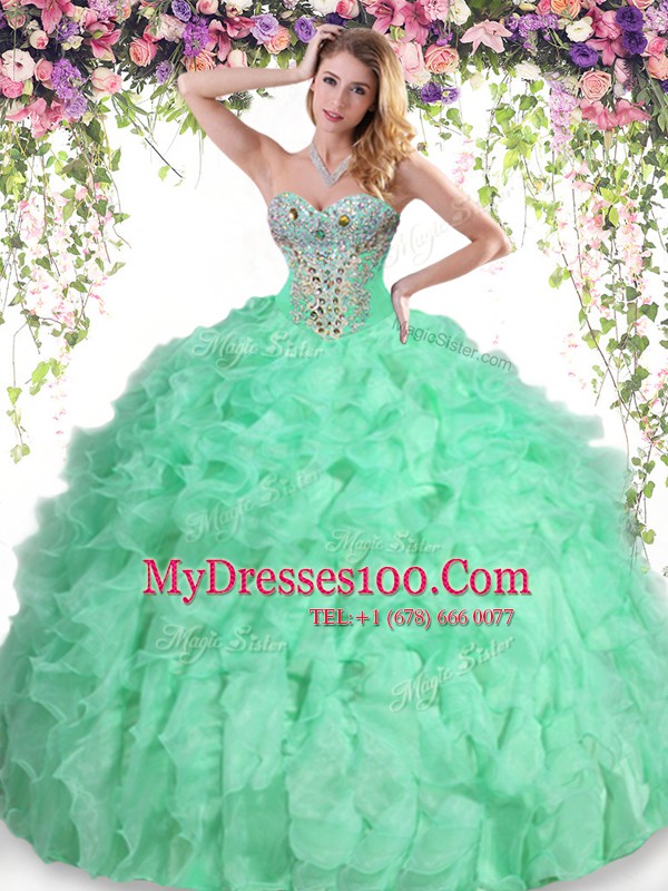 Graceful Apple Green Lace Up Quinceanera Dresses Beading and Ruffles Sleeveless Floor Length
