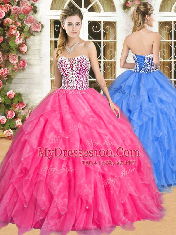 Hot Pink Sleeveless Organza Lace Up Ball Gown Prom Dress for Military Ball and Sweet 16 and Quinceanera