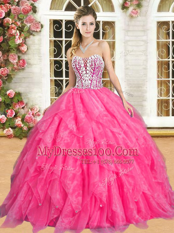 Hot Pink Sleeveless Organza Lace Up Ball Gown Prom Dress for Military Ball and Sweet 16 and Quinceanera