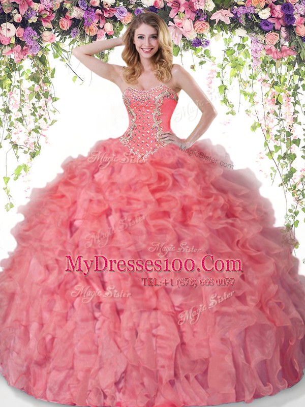 Fine Coral Red Quince Ball Gowns Military Ball and Sweet 16 and Quinceanera and For with Beading and Ruffles Sweetheart Sleeveless Lace Up