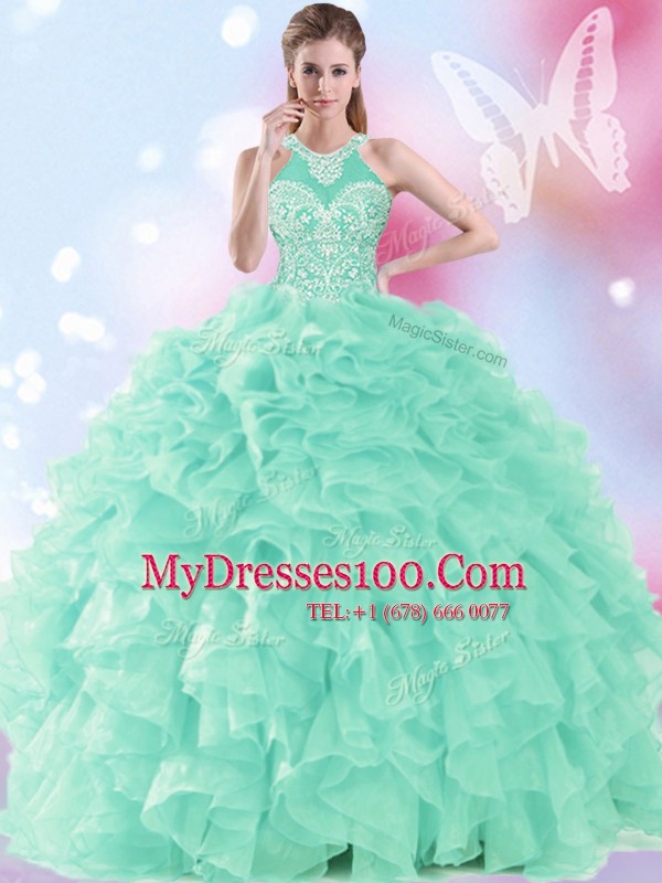 Elegant Floor Length Apple Green Quinceanera Gown Halter Top Sleeveless Lace Up