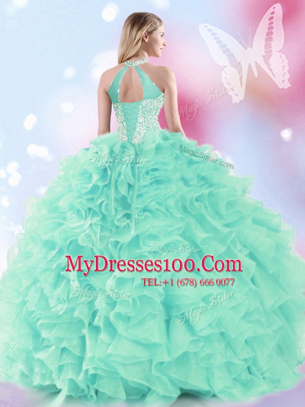Elegant Floor Length Apple Green Quinceanera Gown Halter Top Sleeveless Lace Up