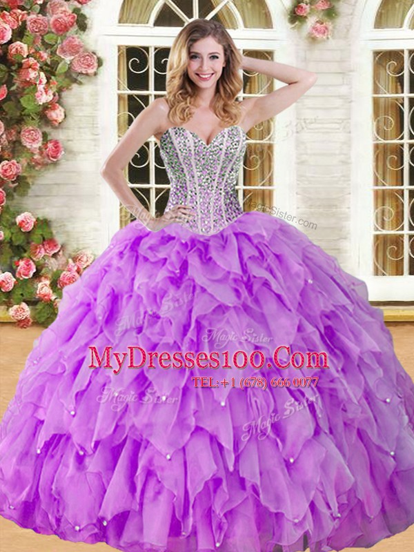 Dazzling Sleeveless Floor Length Beading and Ruffles Lace Up Sweet 16 Dress with Eggplant Purple