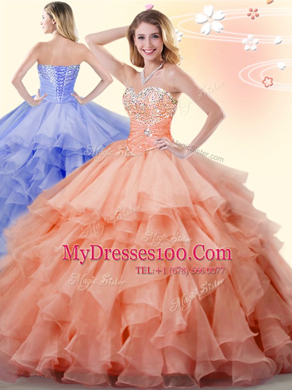 Sleeveless Floor Length Beading and Ruffles Lace Up Quinceanera Dresses with Orange