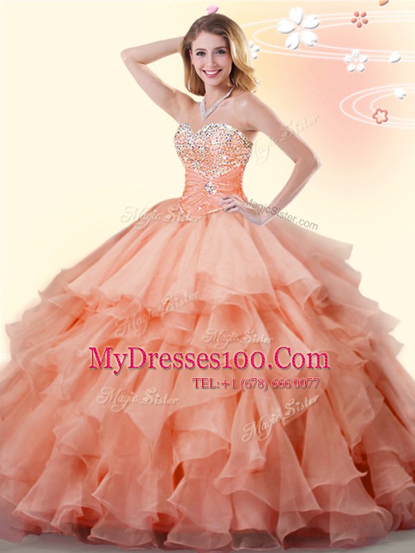 Sleeveless Floor Length Beading and Ruffles Lace Up Quinceanera Dresses with Orange