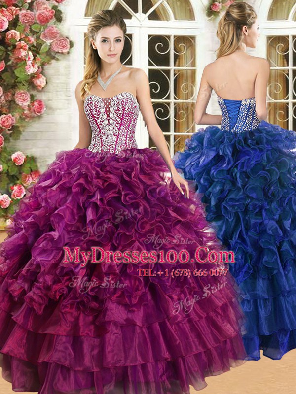 Low Price Ruffled Sweetheart Sleeveless Lace Up 15 Quinceanera Dress Burgundy Organza