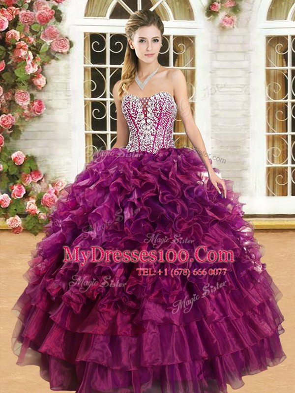 Low Price Ruffled Sweetheart Sleeveless Lace Up 15 Quinceanera Dress Burgundy Organza