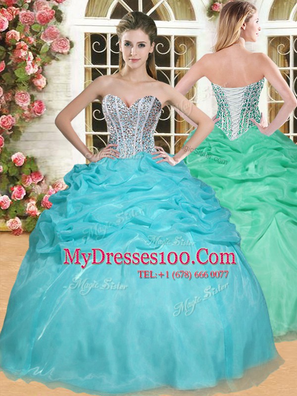 Cheap Aqua Blue Lace Up Quinceanera Dresses Beading and Pick Ups Sleeveless Floor Length