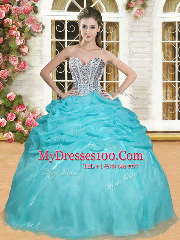 Cheap Aqua Blue Lace Up Quinceanera Dresses Beading and Pick Ups Sleeveless Floor Length