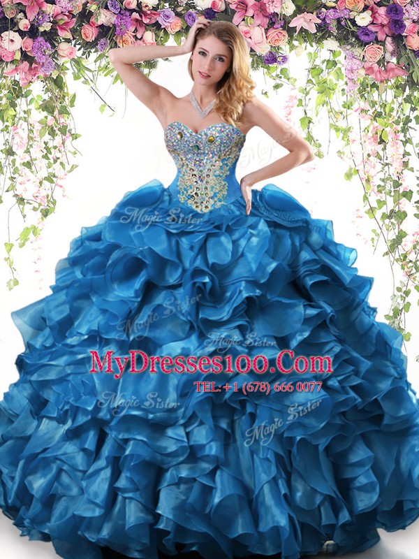 Elegant Floor Length Ball Gowns Sleeveless Blue Quinceanera Dress Lace Up