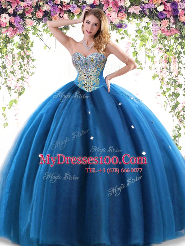 Blue Sleeveless Floor Length Beading Lace Up Quinceanera Gown