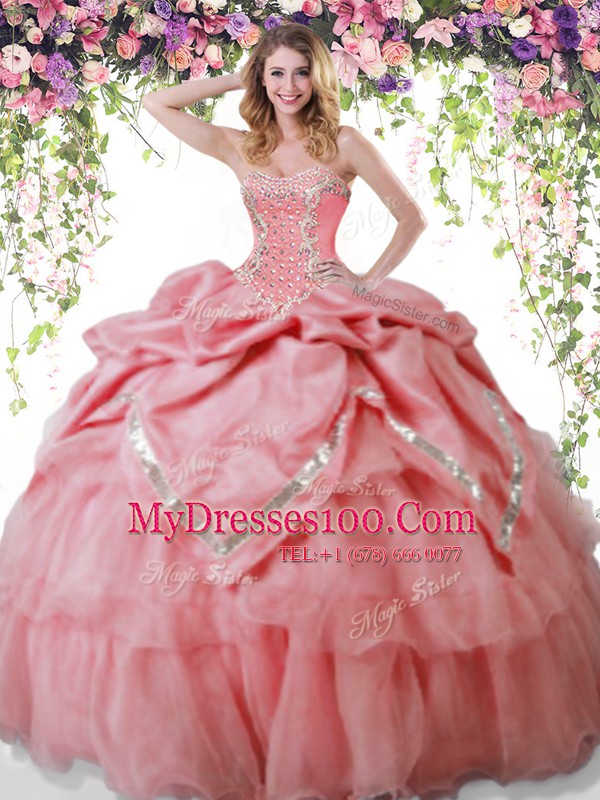 Floor Length Lace Up Quinceanera Gown Watermelon Red for Military Ball and Sweet 16 and Quinceanera with Beading and Pick Ups