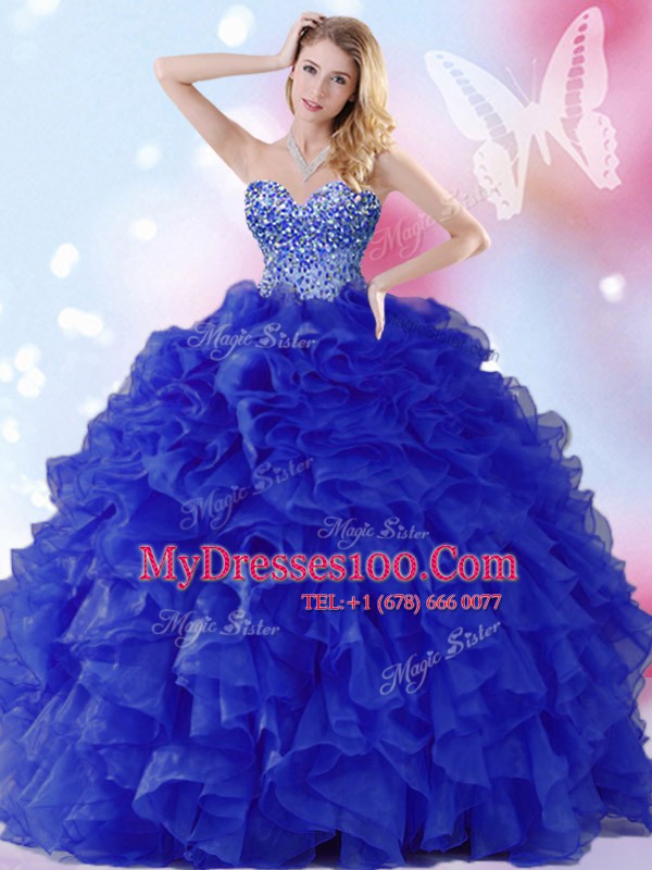 Floor Length Royal Blue Vestidos de Quinceanera Organza Sleeveless Beading and Ruffles
