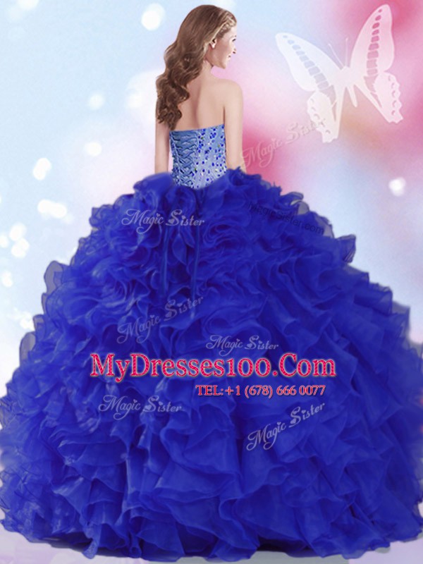 Floor Length Royal Blue Vestidos de Quinceanera Organza Sleeveless Beading and Ruffles