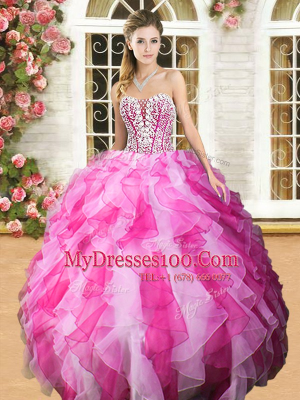 Ball Gowns Vestidos de Quinceanera Pink And White Sweetheart Organza Sleeveless Floor Length Lace Up