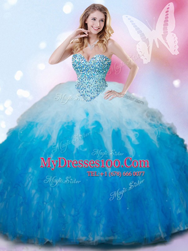 Wonderful Sweetheart Sleeveless Lace Up Quinceanera Gown Blue And White Tulle