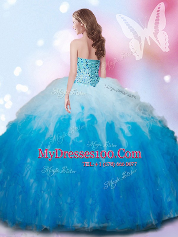 Wonderful Sweetheart Sleeveless Lace Up Quinceanera Gown Blue And White Tulle