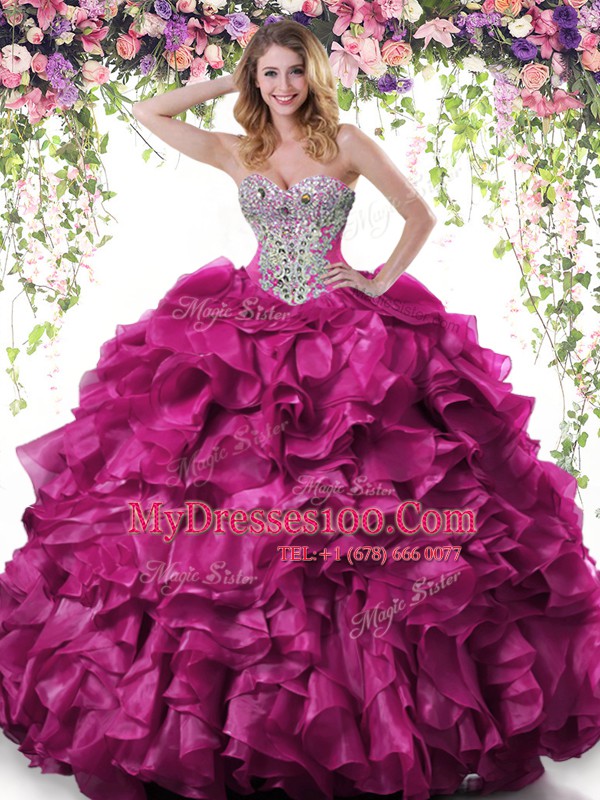 Glamorous Fuchsia Ball Gowns Beading and Ruffles Quinceanera Gown Lace Up Organza Sleeveless Floor Length