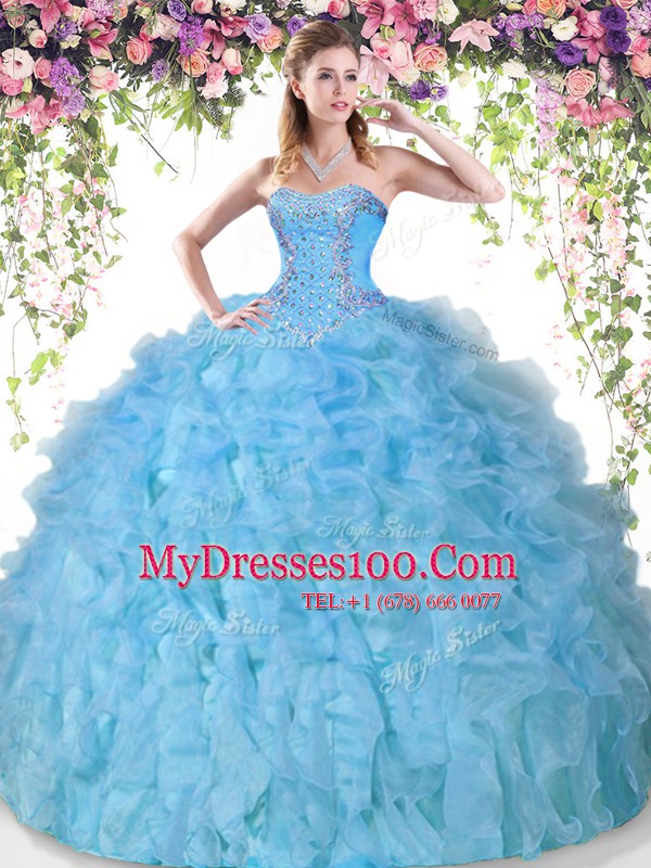 Fabulous Sleeveless Organza Floor Length Lace Up Ball Gown Prom Dress in Baby Blue with Beading and Ruffles