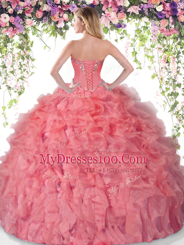 Fabulous Sleeveless Organza Floor Length Lace Up Ball Gown Prom Dress in Baby Blue with Beading and Ruffles