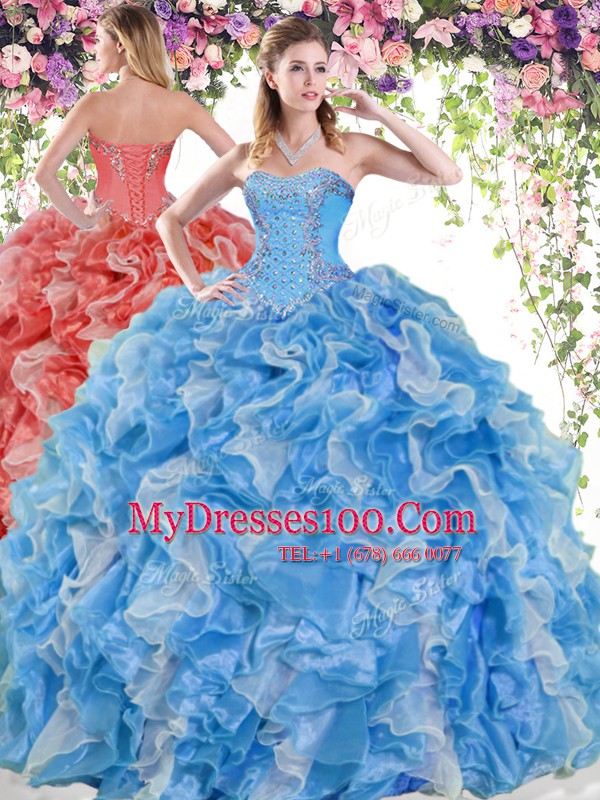 Beading and Ruffles Sweet 16 Quinceanera Dress Blue And White Lace Up Sleeveless Floor Length