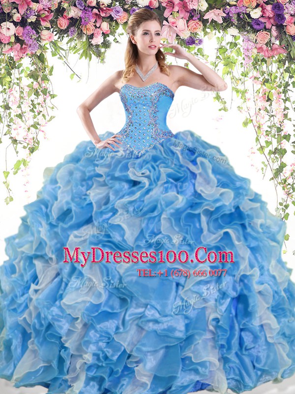 Beading and Ruffles Sweet 16 Quinceanera Dress Blue And White Lace Up Sleeveless Floor Length