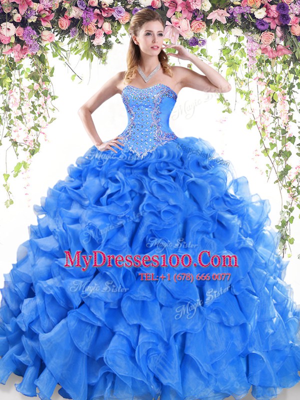 Glamorous Blue Sweetheart Lace Up Beading and Ruffles Sweet 16 Quinceanera Dress Sweep Train Sleeveless