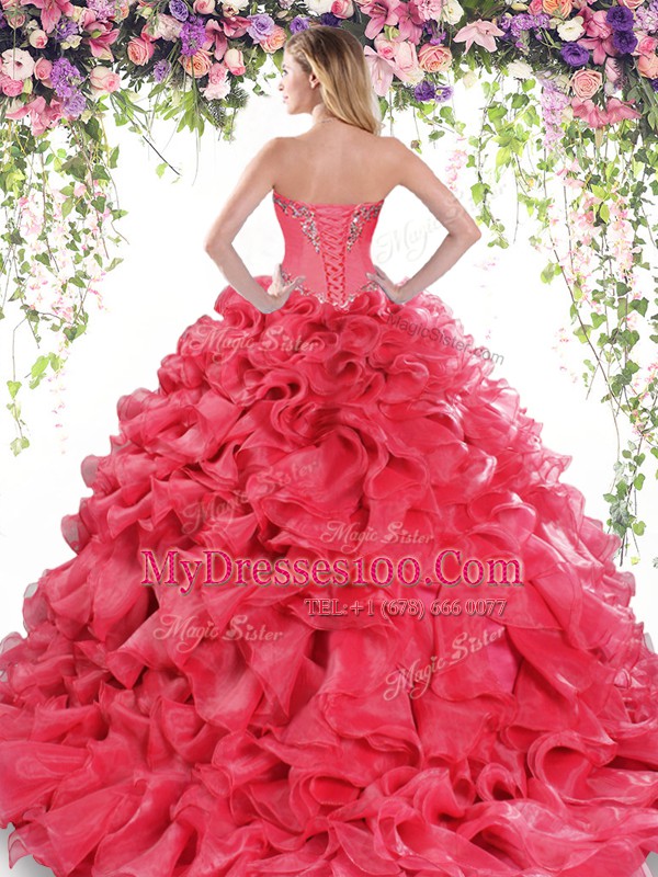Glamorous Blue Sweetheart Lace Up Beading and Ruffles Sweet 16 Quinceanera Dress Sweep Train Sleeveless