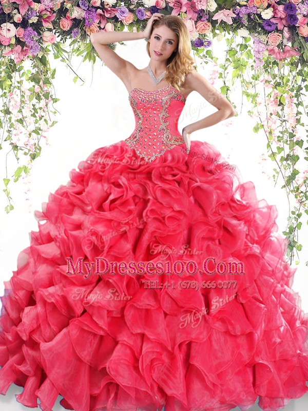 Luxury Red Sweetheart Neckline Beading and Ruffles Sweet 16 Quinceanera Dress Sleeveless Lace Up