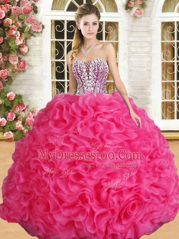 Beading and Ruffles Vestidos de Quinceanera Hot Pink Lace Up Sleeveless Floor Length