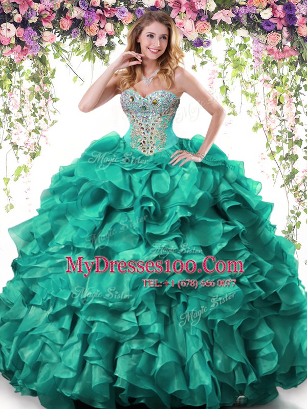 Turquoise Ball Gowns Sweetheart Sleeveless Organza Floor Length Lace Up Beading and Ruffles Sweet 16 Dresses