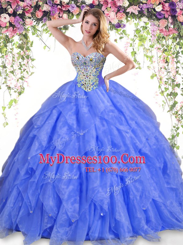 Sweetheart Sleeveless Quinceanera Dresses Floor Length Beading and Ruffles Blue Organza