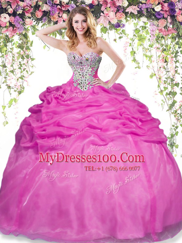Hot Pink Ball Gowns Organza Sweetheart Sleeveless Beading and Pick Ups Floor Length Lace Up Quince Ball Gowns