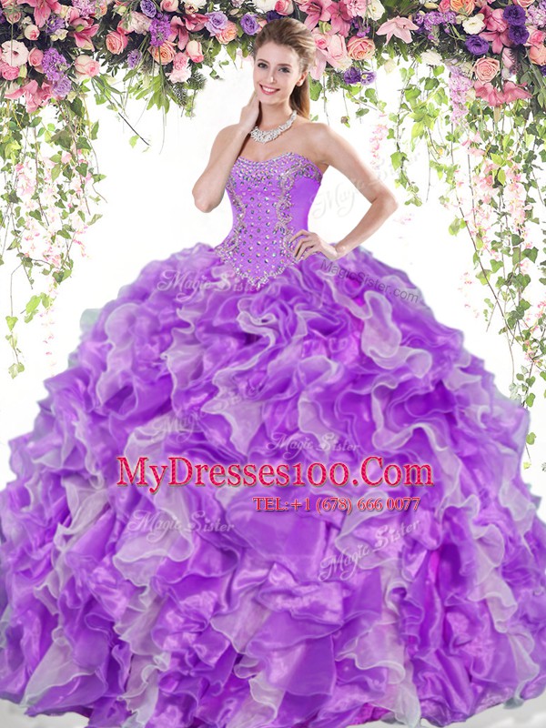 Fantastic Floor Length White And Purple Quince Ball Gowns Sweetheart Sleeveless Lace Up