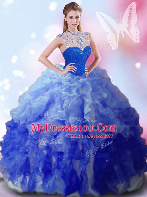 Luxury Multi-color High-neck Zipper Beading and Ruffles Quince Ball Gowns Sleeveless