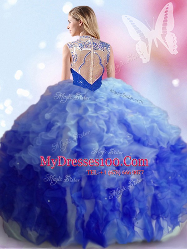 Luxury Multi-color High-neck Zipper Beading and Ruffles Quince Ball Gowns Sleeveless