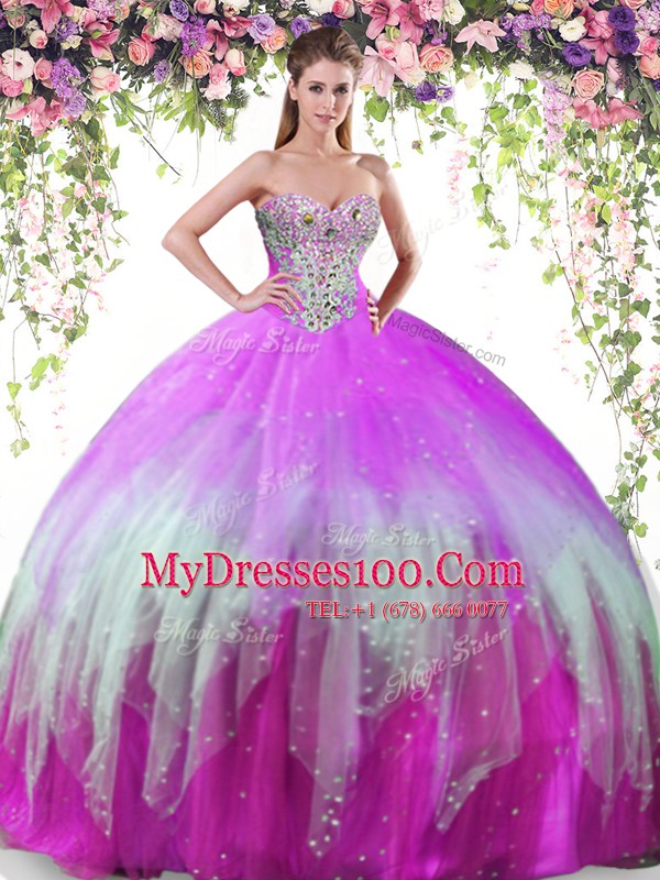 High Class Multi-color Ball Gowns Tulle Sweetheart Sleeveless Beading Floor Length Lace Up Sweet 16 Quinceanera Dress