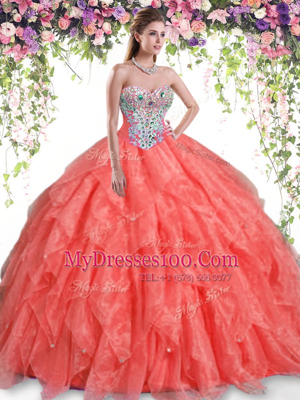 Orange Red Organza Lace Up 15th Birthday Dress Sleeveless Floor Length Beading and Ruffles